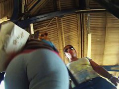 Rear and frontal upskirt shots of a curvy lady