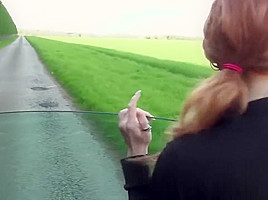 Redhead slut fucks dude with car
