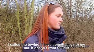 Redhead teen 18+ flashing big tits to stranger in his car