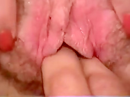 Sexy babe gets her hairy pussy pleased