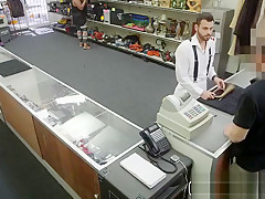 Sexy gay blows a cock in public pawn shop