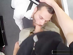 Sexy gay blows a cock in public pawn shop