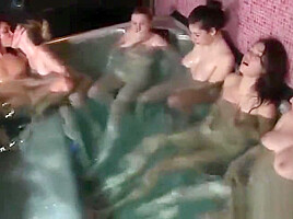 Six lesbian girls play in pool