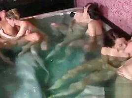 Six lesbian girls play in pool