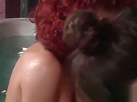Six lesbian girls play in pool