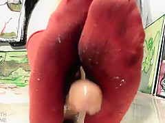 Sweaty Red Nylon Socks Dildo Footjob