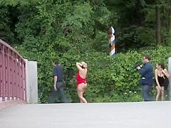 Tied blonde with facial wlaked in public