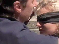 Tied blonde with facial wlaked in public