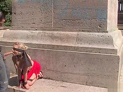 Tied blonde with facial wlaked in public