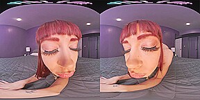 Tiny redhead rides her male sex doll in virtual reality