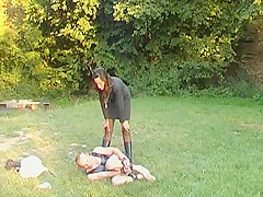 Two Wild German Babes Punishing Their Dude Outdoors