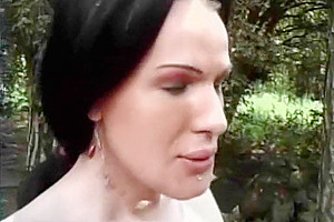 White shemale fucks a chap in a lonely place outdoor