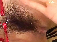 Yuki Mochida is fucked in hairy slit by sucked tools and gets cum